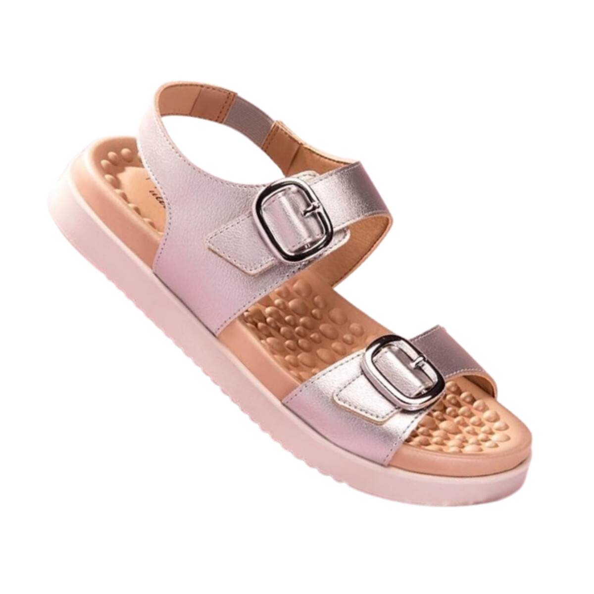 Metallic Buckle Sandal — Rose Gold